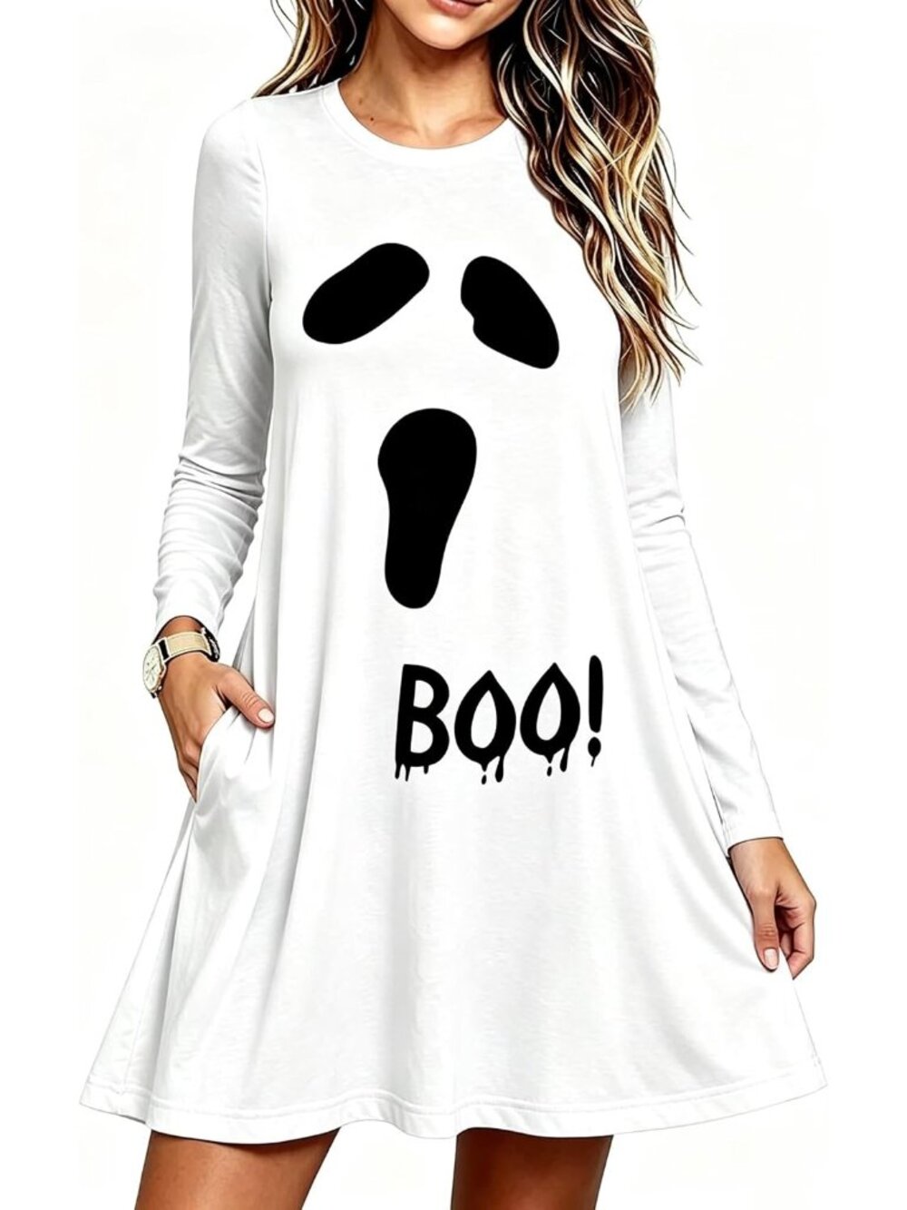 🆕Women's Halloween Ghost Boo Face White Long Sleeve Swing Dress Pockets